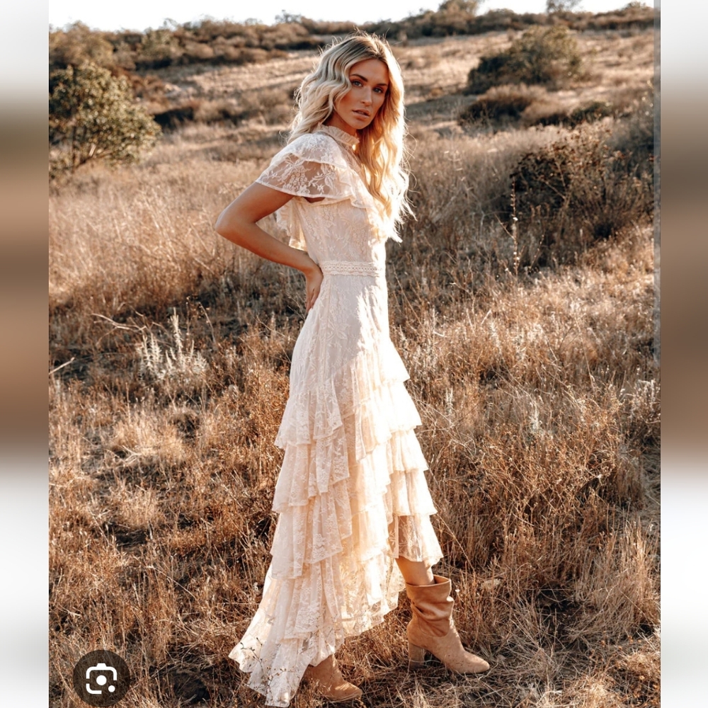 Vici Fontana High Low Ruffle Lace Maxi Dress